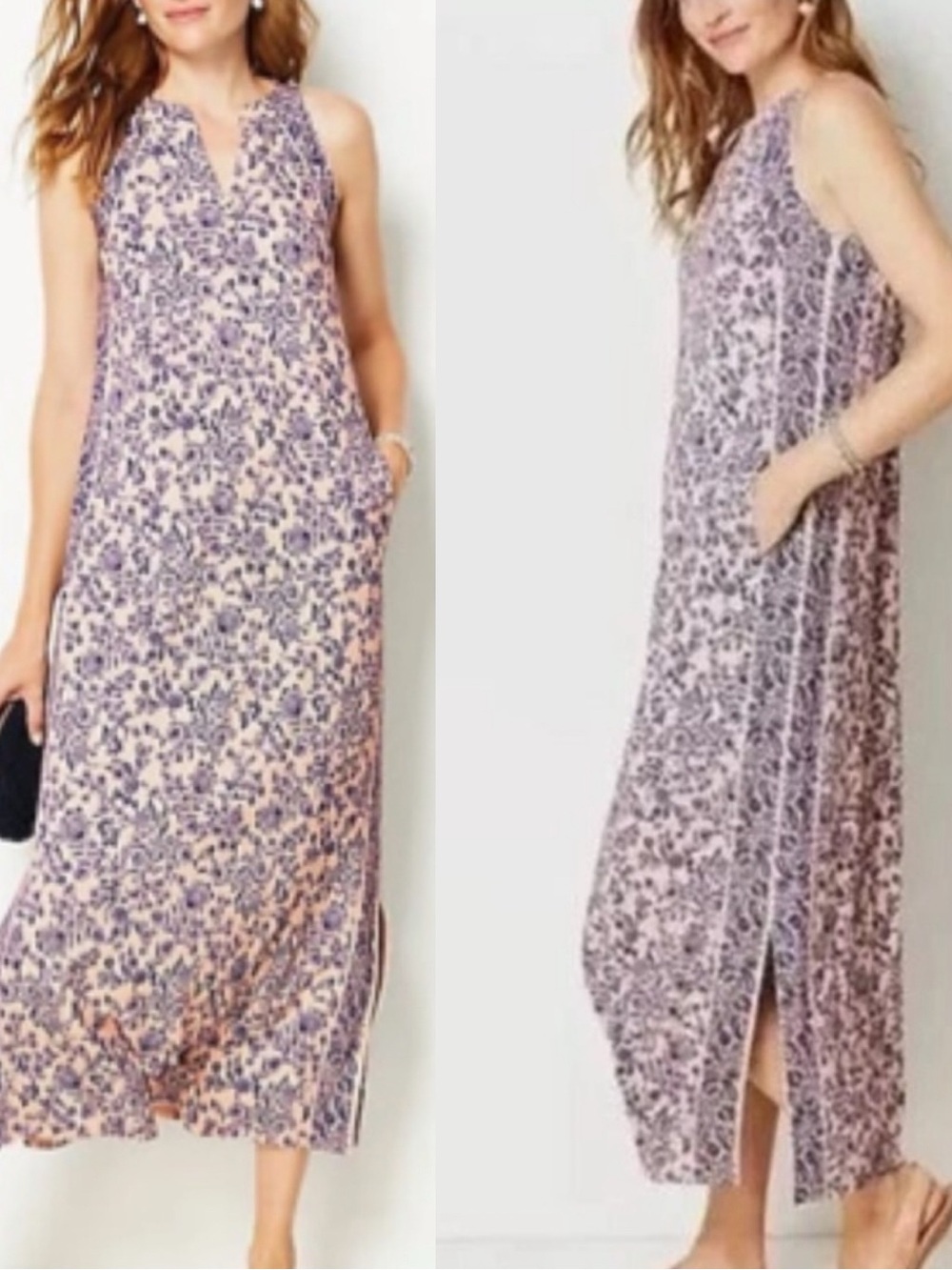 J. Jill Island Breeze Floral Slub Jersey Knit Sleeveless V-Neck Maxi Dress Sz SP